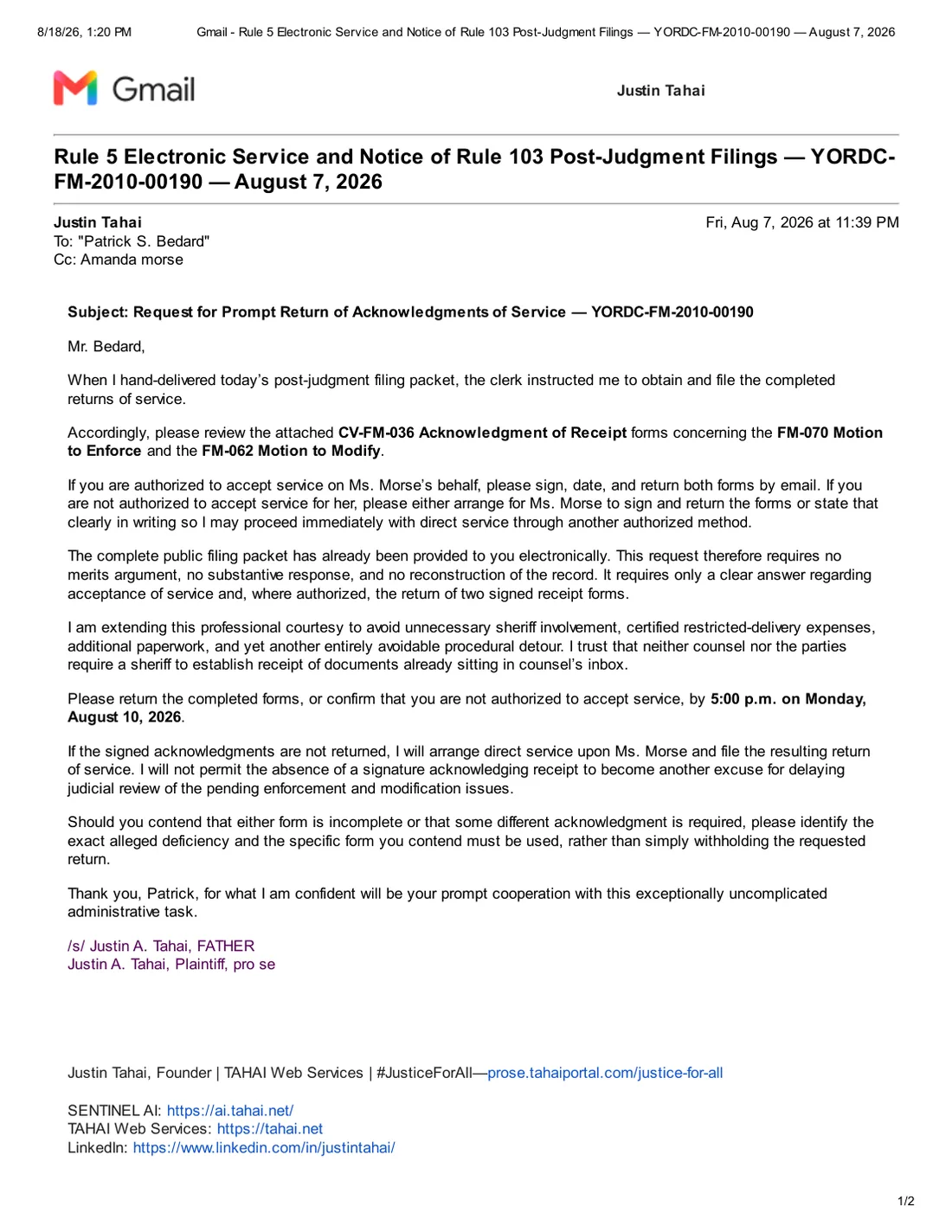 Public-safe August 7, 2026 acknowledgment-of-service follow-up email