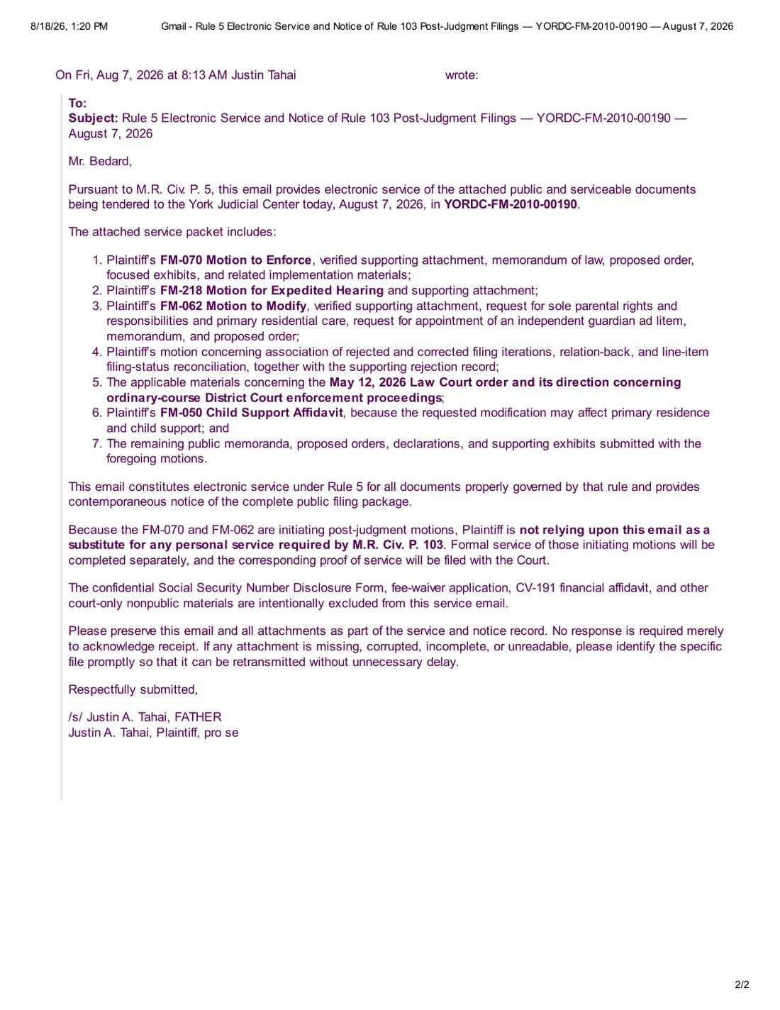 Public-safe August 7, 2026 Rule 5 service and Rule 103 notice email