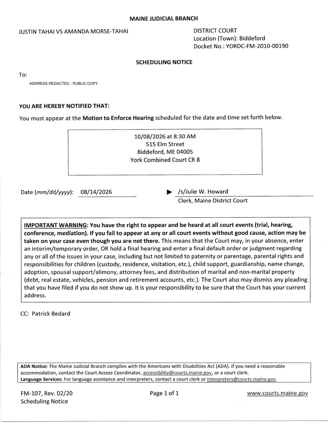 Public-safe scheduling notice setting the October 8, 2026 Motion to Enforce hearing