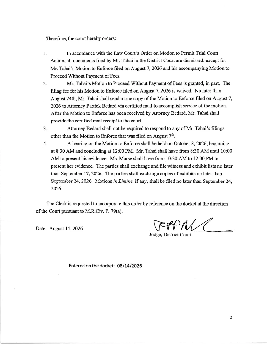 Second page of the August 14, 2026 procedural order