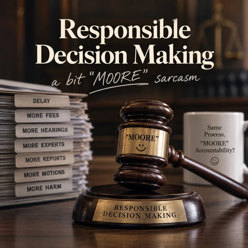 Responsible Decision Making satirical companion artwork with folders labeled delay, more fees, more hearings, more experts, more reports, more motions, and more harm.