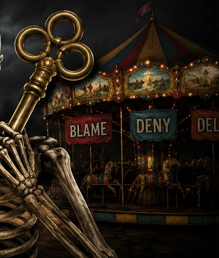 Dark carousel with banners reading blame and deny, used as editorial commentary on recurring family-court narratives
