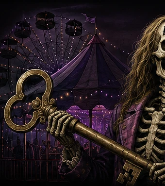 Dark carnival Ferris wheel beside an oversized key, editorially labeled as the gatekeeper wheel