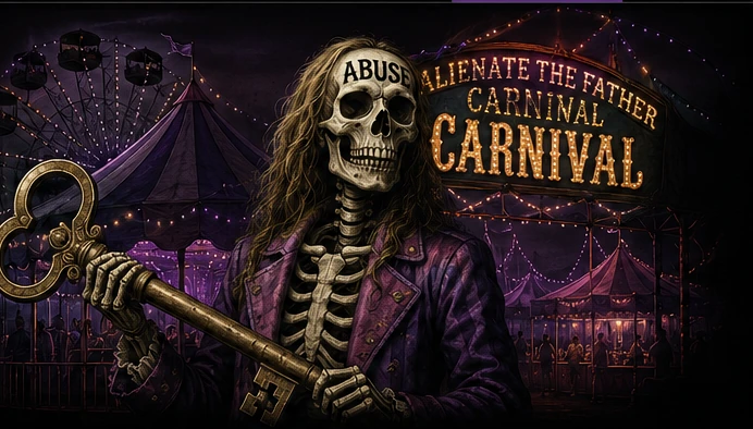 Editorial illustration of a skull-faced figure with abuse on the forehead holding an oversized skeleton key before a carnival marquee