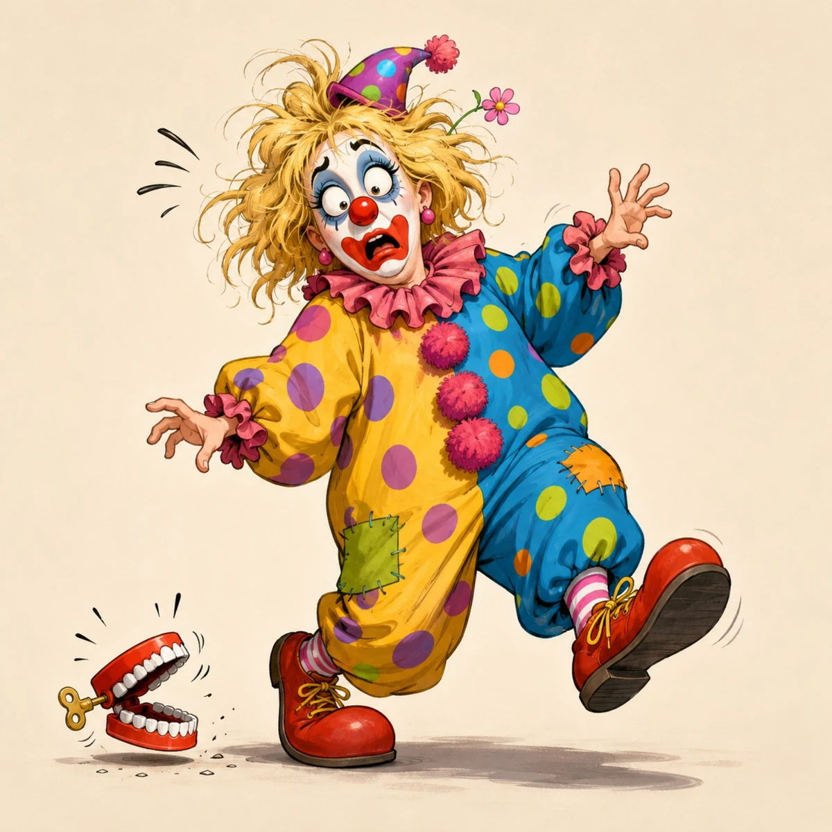 Editorial illustration of a startled clown beside wind-up chattering teeth, symbolizing absurdity and procedural theater