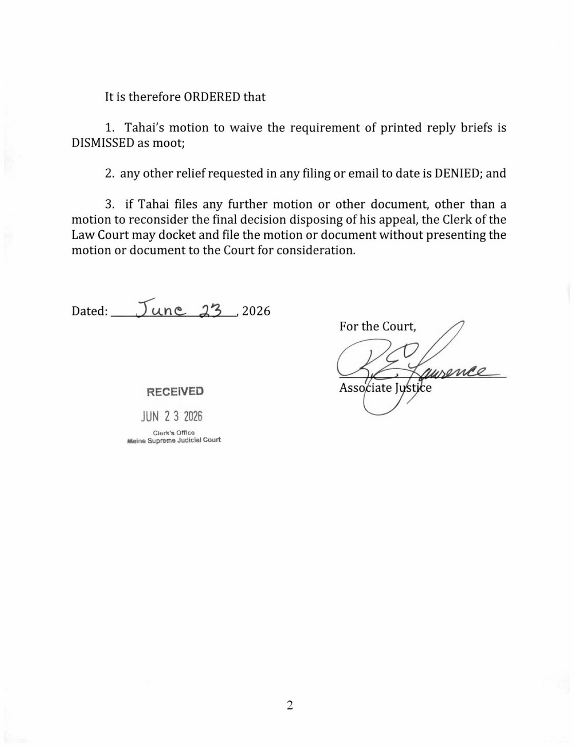 June 23, 2026 Law Court order, signed page 2
