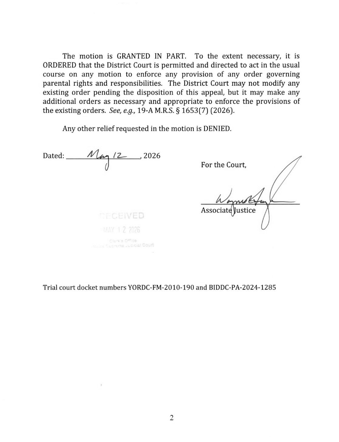 May 12, 2026 Law Court order, signed page 2
