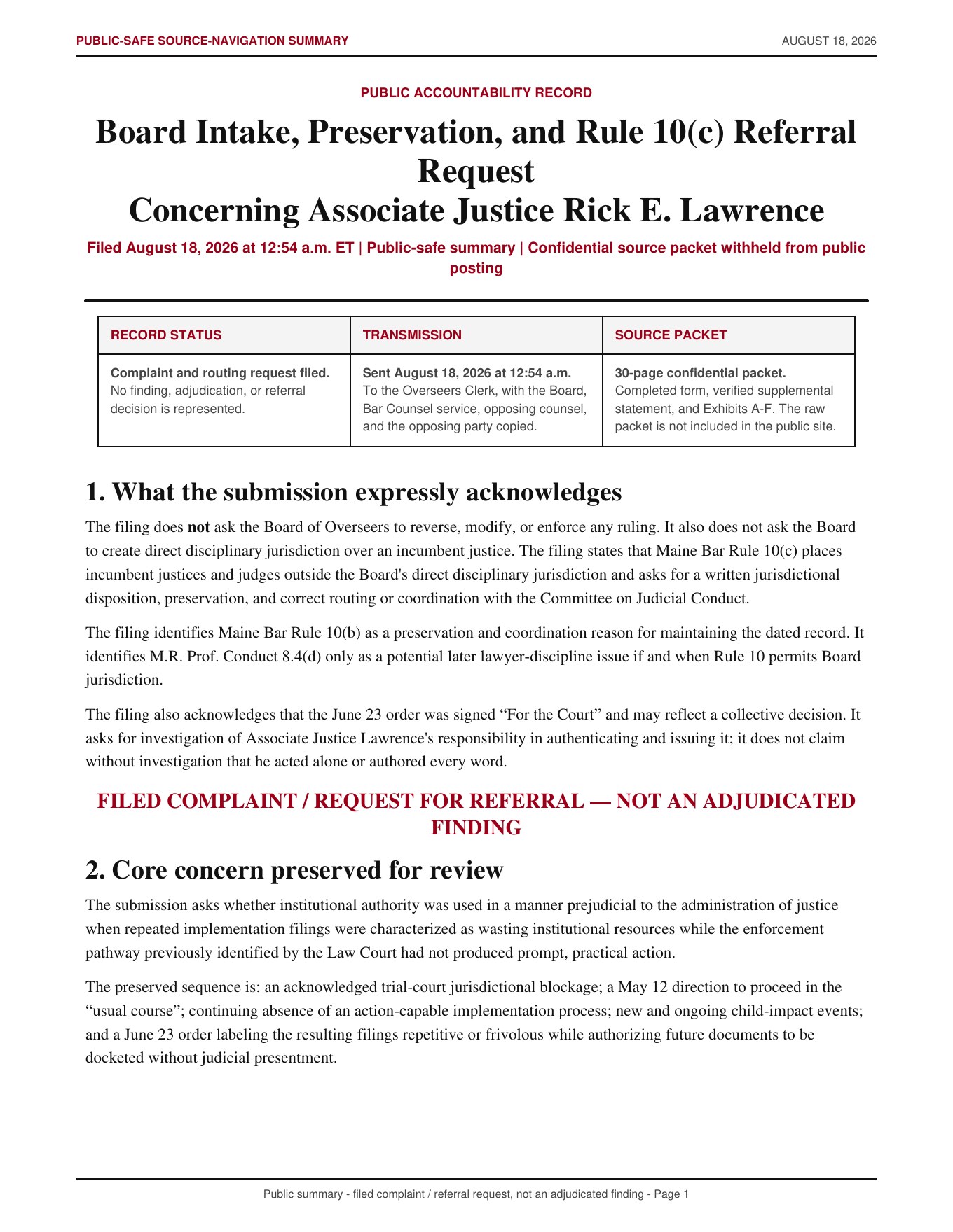 First page of the public-safe Rule 10(c) referral summary